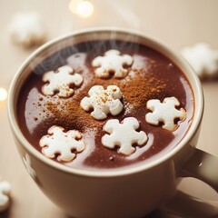 Warm Steaming Hot Chocolate with Snowflake Marshmallows and Cinnamon, Cozy Winter Beverage, Festive Mood.