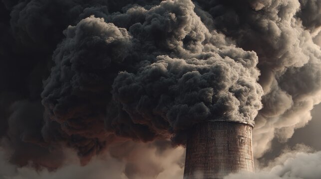 A close-up of a factory chimney emitting dense black smoke