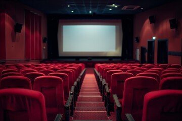 Rows of red seats in an empty cinema auditorium with a big blank screen, ready for a movie projection