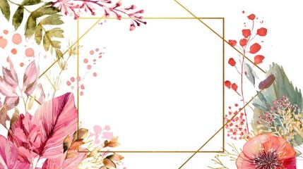 Obraz premium Abstract watercolor floral frame background vector. Watercolor invitation design with leaves, flower , gold geometric frame and watercolor brush strokes. Vector illustration., no logos, no brands