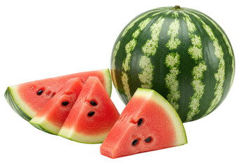 Whole ripe watermelon and vibrant red cut slices with shiny black seeds, juicy flesh, arranged on a clean transparent isolated studio background, bright even lighting, soft subtle shadows, Concept of