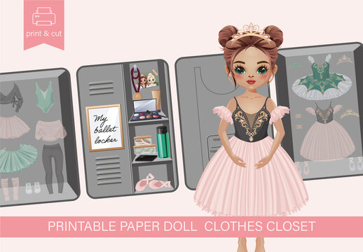 Printable ballet locker set with tan‑skinned ballerina doll, stylish outfits, accessories, and hairstyles. Vector DIY paper template for dress‑up activity book and cut‑out kids play