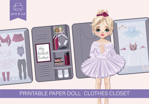 Printable ballet locker set with ballerina doll, clothes, accessories, and hairstyles. DIY paper dress-up toy for kids. Vector template for activity book, craft project, cut out and play