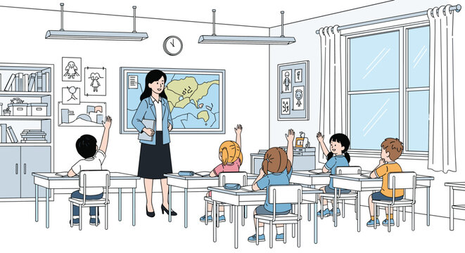 Teacher engaging elementary students in a lively classroom discussion about geography