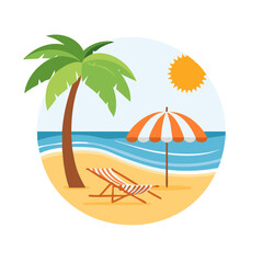 Obraz premium Tropical Beach Getaway with Palm Tree, Sun, Lounge Chair and Beach Umbrella