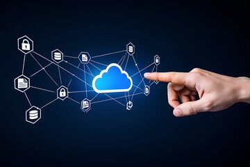 A human finger touches a glowing blue cloud icon connected by a network of white lines to various data and security icons against a dark blue background