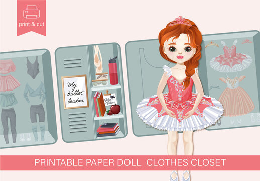 Printable ballet locker set with redhead ballerina doll, freckles, cute clothes, hairstyles, and accessories. DIY cut‑out toy for kids. Vector layout for activity book and paper play