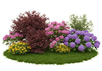 Lush green grass, red-purple and green bushes, pink rhododendrons, purple hydrangeas, and yellow flowers against a clean white background with copy space, high angle studio shot, no shadows,