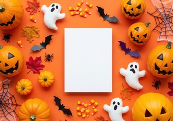 Fototapeta premium Happy Halloween Paper Art Banner with Cartoon Silhouettes