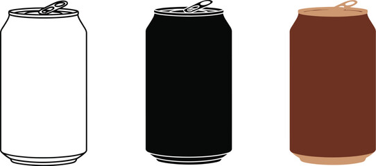 Three stylized soda cans are displayed in a row, showcasing a line art version, a solid black silhouette, and a brown colored can, perfect for illustrating beverage concepts.