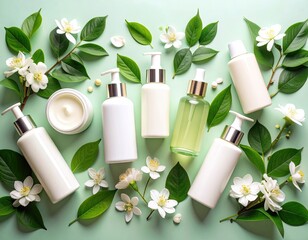 Skincare products arranged with flowers and leaves