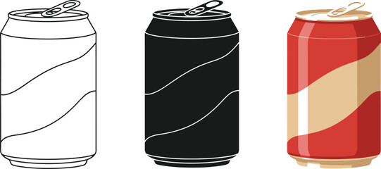 Three soda cans are displayed in different styles, including a line drawing, a solid black silhouette, and a colorful cartoon version, perfect for illustrating beverage concepts.