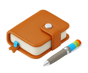 Brown leather notebook with pen and colorful sticky notes on side
