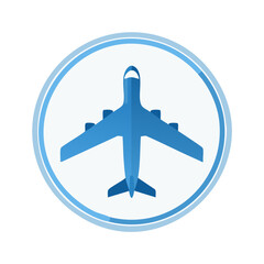 Fototapeta premium Blue Airplane Graphic in Circle - commercial plane, aviation symbol, travel logo, flight icon