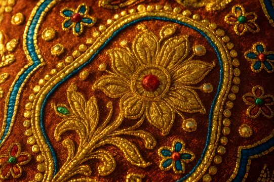 Golden embroidery forming floral patterns decorating a precious fabric