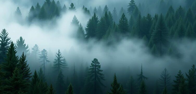 Enigmatic, dark green pine forest shrouded in mystical fog, still, calm