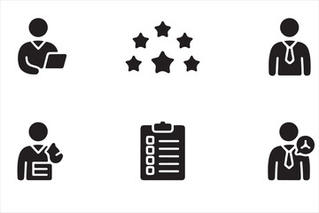 Service quality icon set  customer journey, service rating, service rating, star level, feedback form, loyalty card. Minimal black silhouettes.