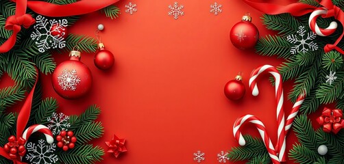 Festive red and green banner with ornaments, pine, snowflakes, and candy canes, photography, merry christmas