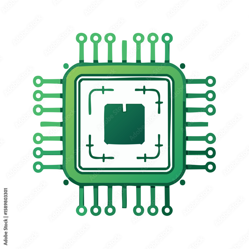 Poster illustration of a microchip computer processor with circuit board connections in green