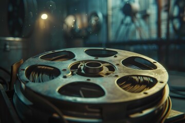 Close up of vintage film reel playing on projector, capturing essence of classic cinema with technician working in the background