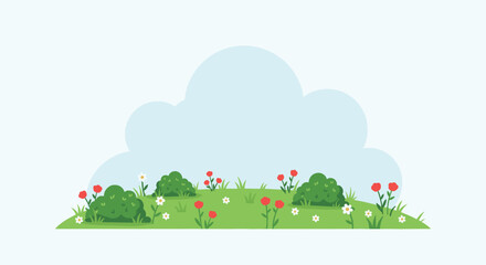 Fototapeta premium Charming flat illustration of a sunny meadow with blooming flowers and green bushes under a large cloud
