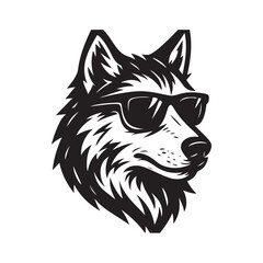Cool Canine Companion A Stylish Wolf with Sunglasses Showcasing Animal Fashion and Modern Appeal in a Black and White Vector Design