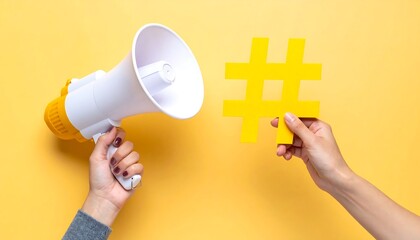 Holding Yellow Hashtag Sign with Megaphone