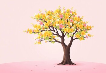 Obraz premium Flat design illustration of a spring tree against a pastel background, vibrant, design element