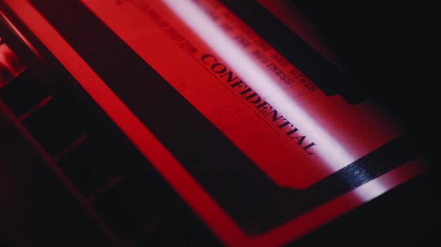 Top secret confidential file or document report scanned copied in dark red room. Stealing government secret classified information or exposing fraud and dirty business and politics by whistleblower