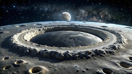Photo of a vast, desolate moon surface features a massive crater with a roadlike rim, with the earth visible in the starry sky above