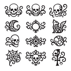 Gothic Skull Pattern Vector Set | Swirling Skulls, Ornamental Floral Motifs & Baroque Tattoo Illustrations