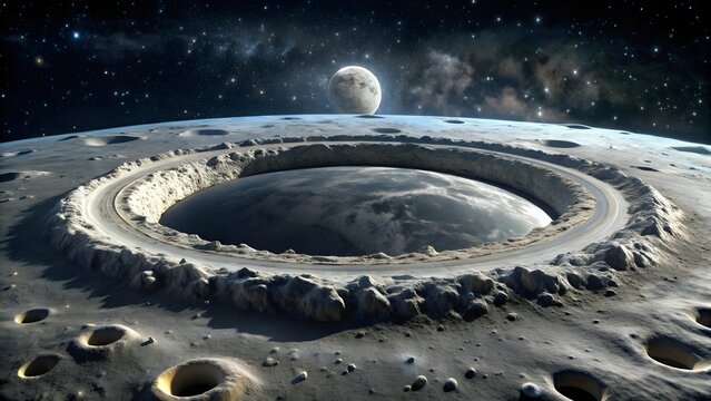 Photo of a vast, desolate moon surface features a massive crater with a roadlike rim, with the earth visible in the starry sky above - Powered by Adobe