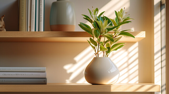 Plant in white vase on shelf with books and sunlight creating shadows on the wall in a bright room