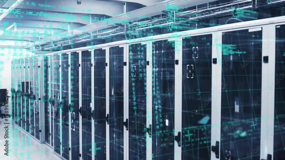 Poster teal grid overlay emerging across server cabinets causing lateral pan amplifying code flow view