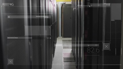 HUD overlay opening labeling R0074G on server corridor, readout rising and falling for monitoring - Powered by Adobe