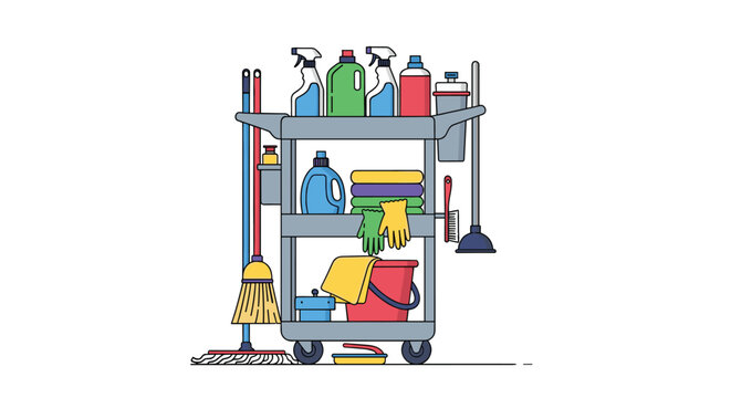 Professional cleaning equipment and supplies stored on a utility cart for efficient facility maintenance and sanitation services