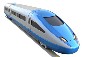 Sleek blue and white high speed train on tracks