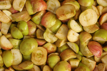A background of sliced organic apples. Close up.