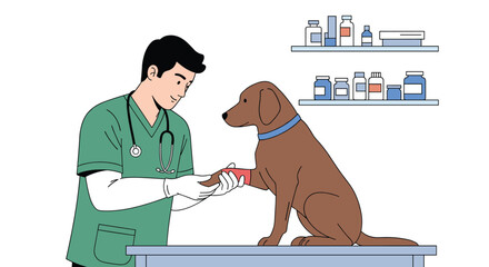 Veterinarian bandaging injured dog paw during animal medical treatment examination