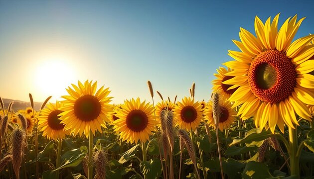 Golden sunflowers and ripening grain sway gently in the Tuscan sun, under a vibrant blue sky, agricultural land, toscana