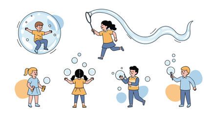Children having fun blowing bubbles outdoors on a sunny day