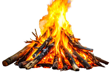 A vibrant bonfire burns brightly with intense flames and glowing embers, isolated on a transparent background