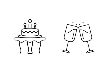 Celebration cake with candles and clinking champagne glasses