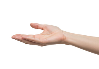 A fair-skinned human hand, natural skin texture, unpolished nails, palm open upwards, gently presenting an unseen object in an extreme close-up macro shot on a transparent seamless studio
