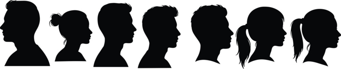 Silhouette of diverse individuals, profile view, isolated on white background, diversity concept, graphic illustration, unity, inclusion, side-facing figuresSilhouette of diverse individuals