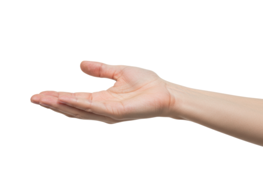 A fair-skinned human hand, natural skin texture, unpolished nails, palm open upwards, gently presenting an unseen object in an extreme close-up macro shot on a transparent seamless studio