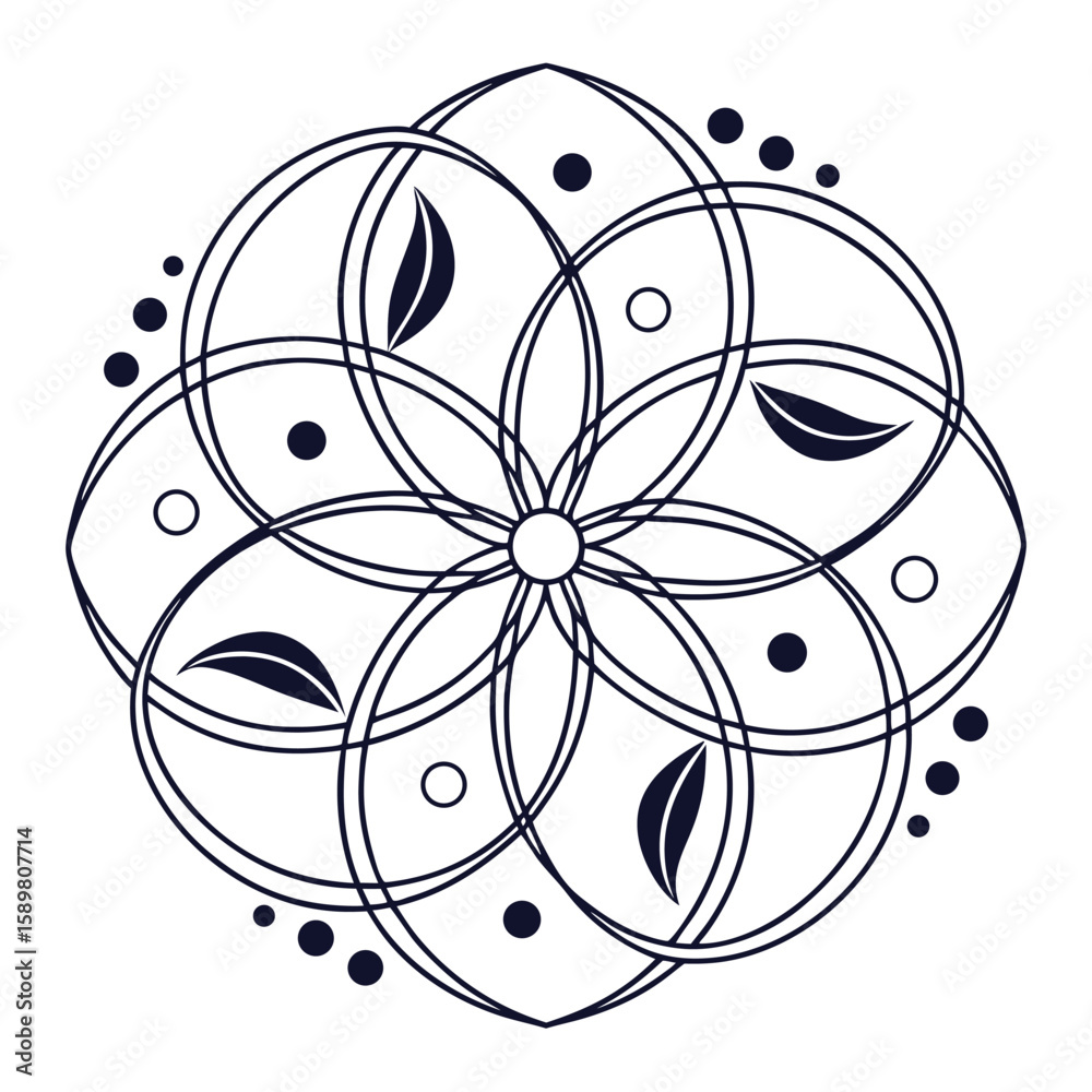 Poster ornamental abstract design featuring overlapping circles dots and leaves arranged in an elegant circ