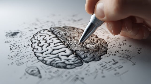 Brain function concept with handwriting sketch of right and left brain hemispheres, science symbols and creativity illustration. 3D rendering, no logos, no brands