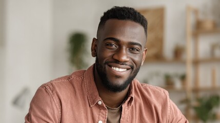 Smiling cheerful young adult african american ethnicity man looking at camera standing at home office background. Happy confident black guy posing for headshot face front close up portrait., no logos