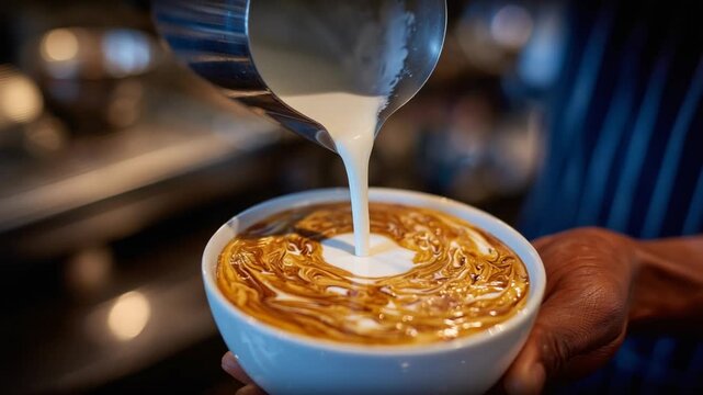 A skilled barista crafts a delicate rosetta pattern with velvety milk on a rich, golden-brown coffee surface.